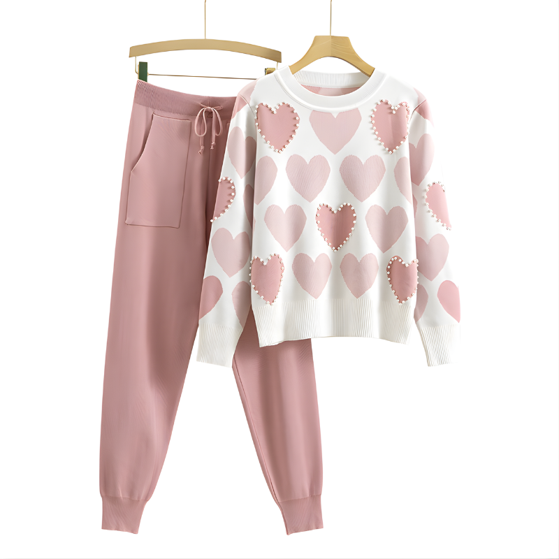 Chic Heart Pattern Knit Two-Piece Set for Stylish Comfort