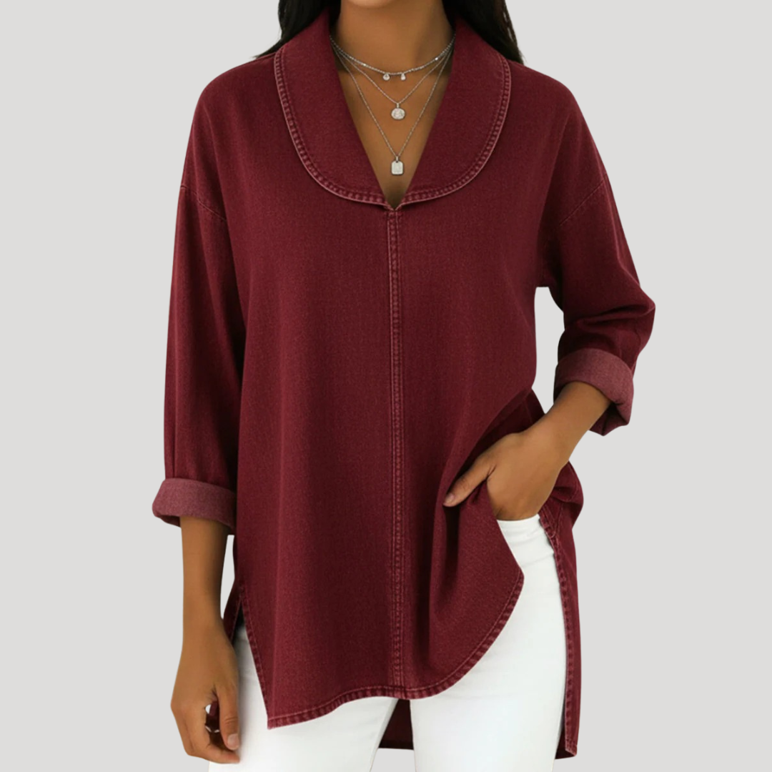 Camille™ Denim-Look Shawl Collar Blouse