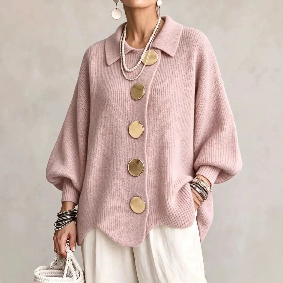 Katrina Oversized Button-Up Cardigan with Collared Neckline
