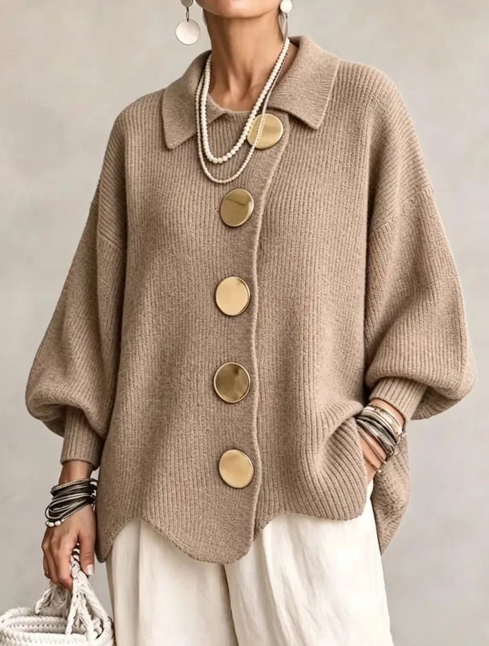 Katrina Oversized Button-Up Cardigan with Collared Neckline