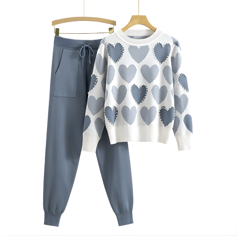 Chic Heart Pattern Knit Two-Piece Set for Stylish Comfort