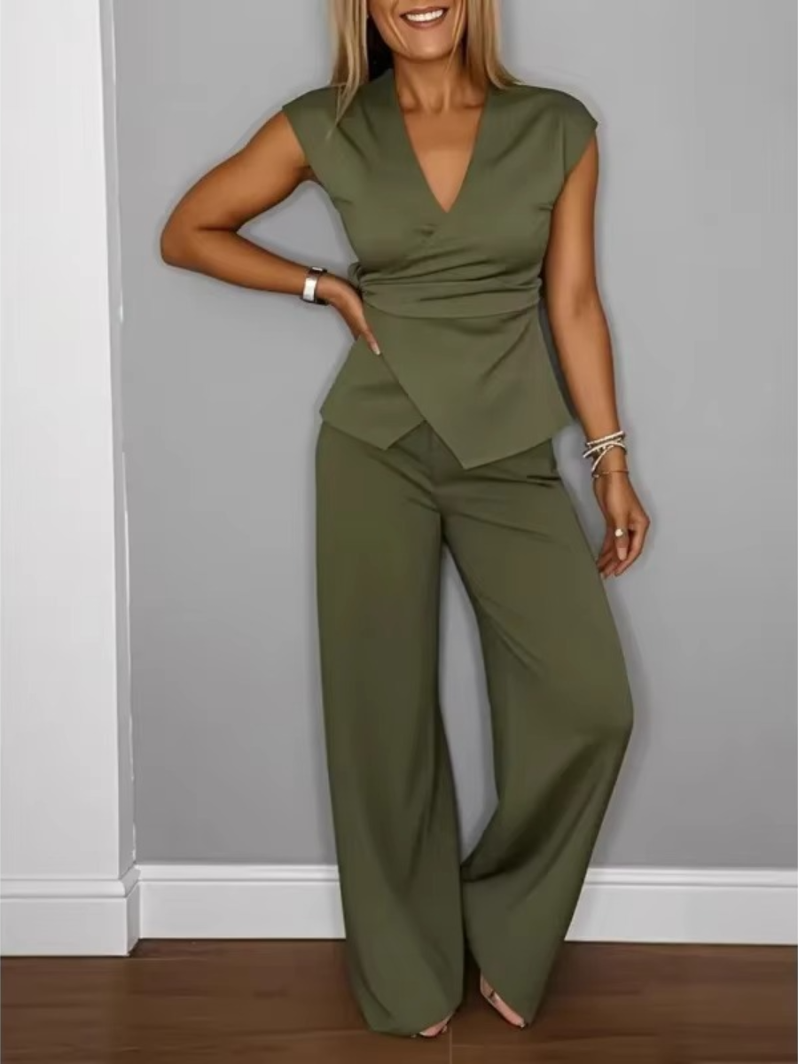 Natalie™ Elegant V-Neck Top and Trousers Set in Classic Black