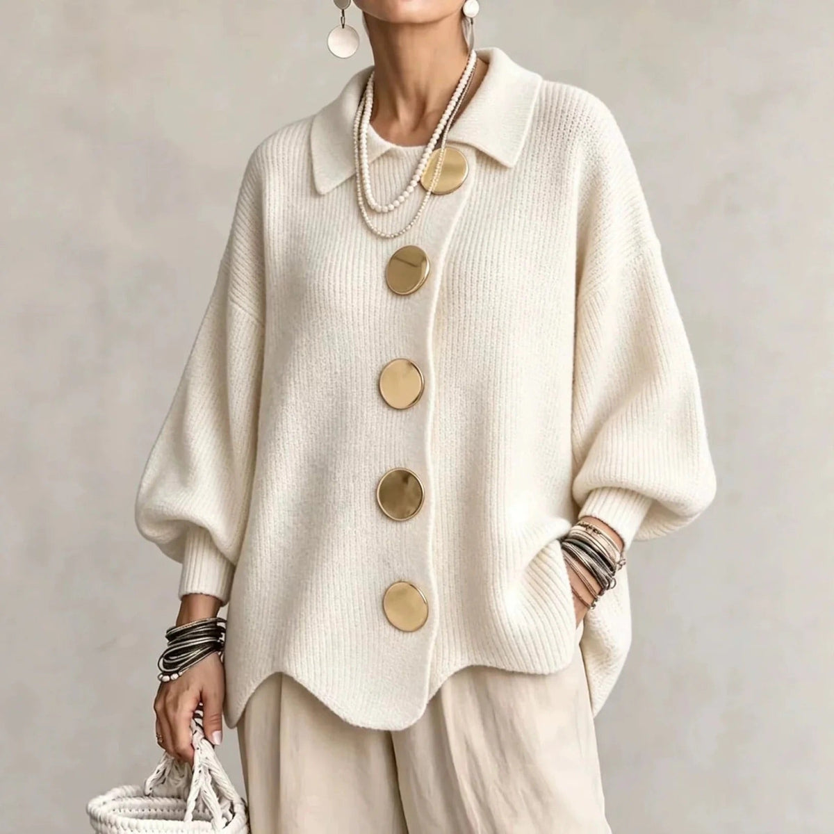 Katrina Oversized Button-Up Cardigan with Collared Neckline