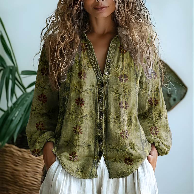 Toinette™ - Retro Leaf Print Blouse