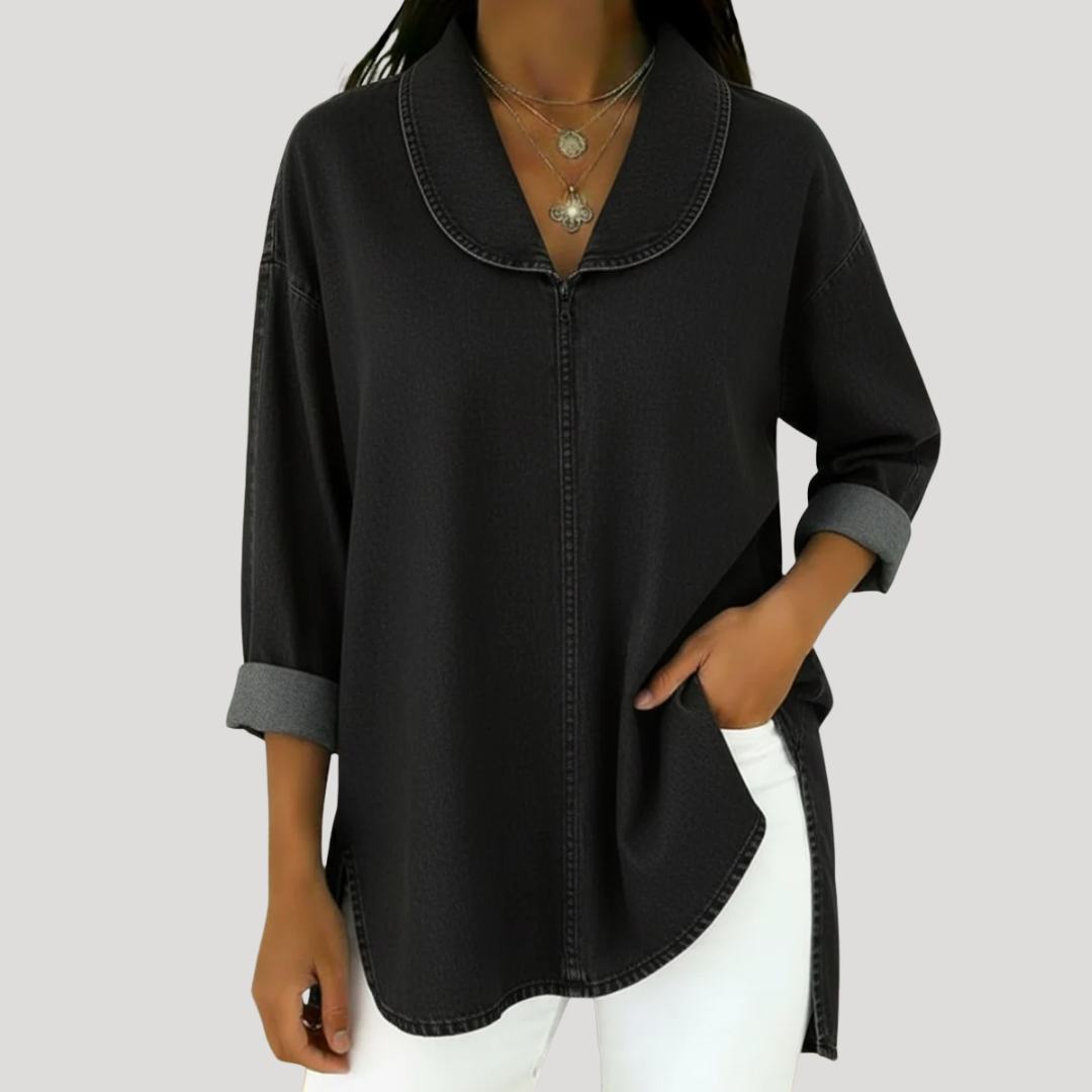 Camille™ Denim-Look Shawl Collar Blouse