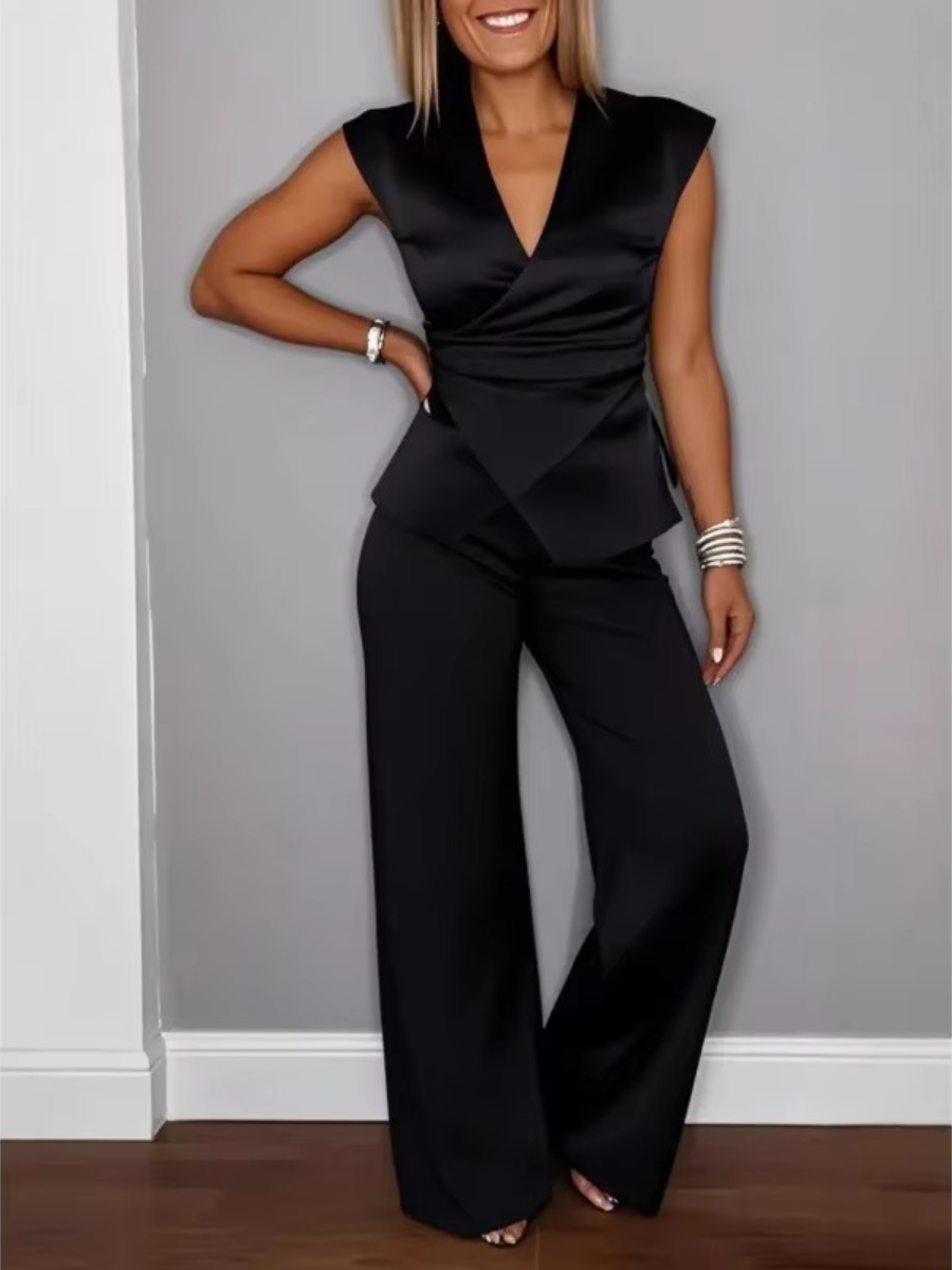 Natalie™ Elegant V-Neck Top and Trousers Set in Classic Black