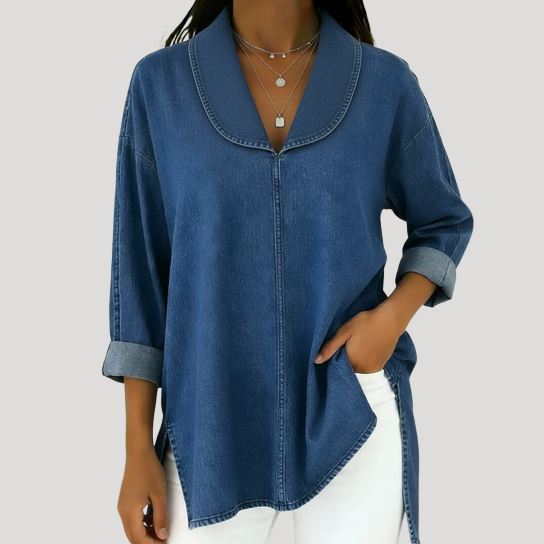 Camille™ Denim-Look Shawl Collar Blouse