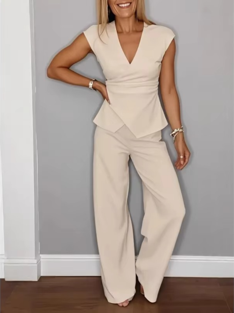 Natalie™ Elegant V-Neck Top and Trousers Set in Classic Black