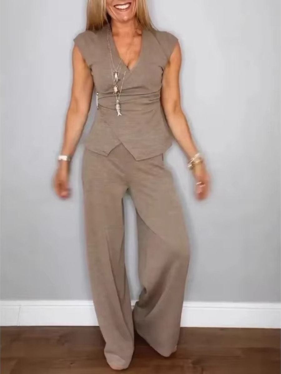 Natalie™ Elegant V-Neck Top and Trousers Set in Classic Black