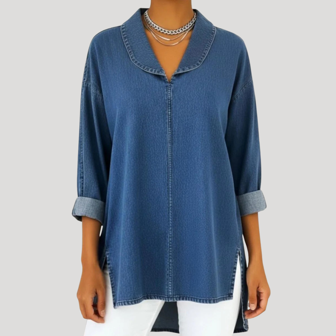 Camille™ Denim-Look Shawl Collar Blouse