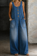 Vintage Washed Cotton Denim Overalls in Jade Green