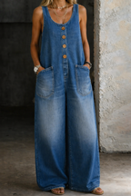 Vintage Washed Cotton Denim Overalls in Jade Green