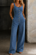 Cassandra Denim Jumpsuit with Button Front and Adjustable Straps