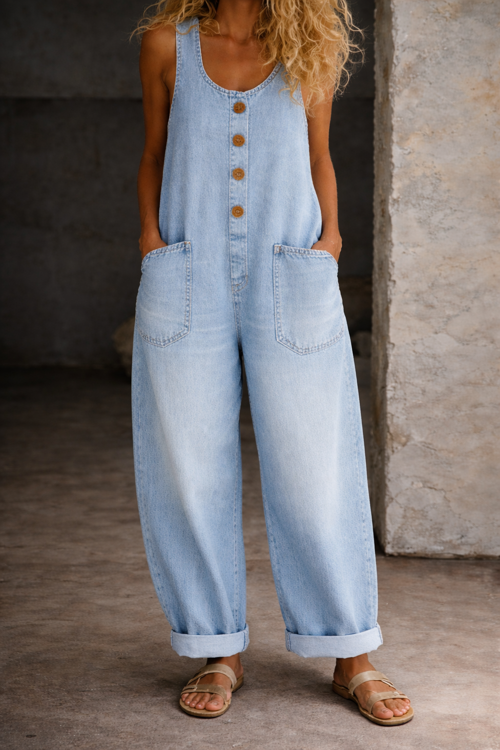 Briana Vintage Washed Cotton Denim Overalls with Adjustable Straps
