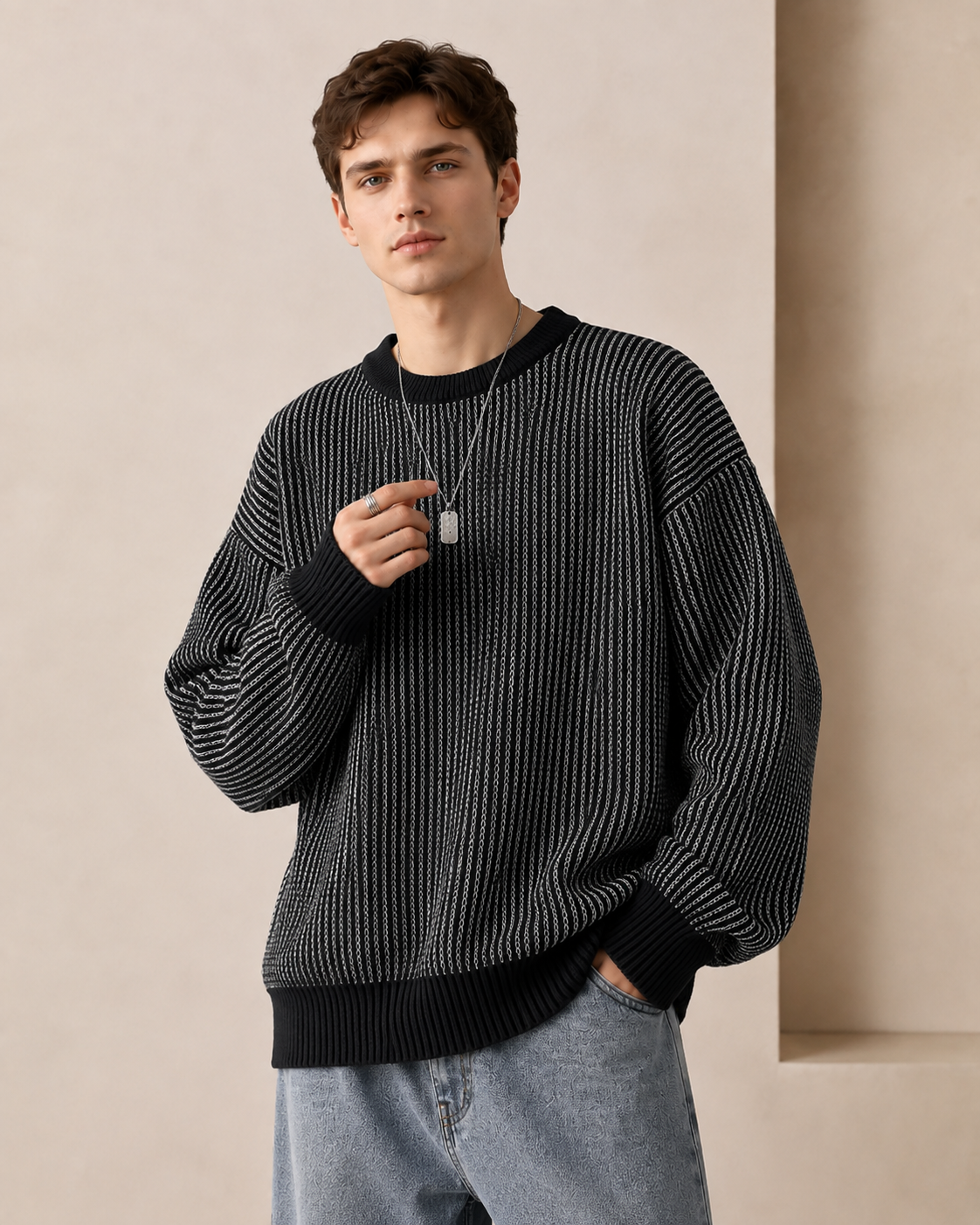 Collin Crew Neck Sweater with Ribbed Cuffs and Hem