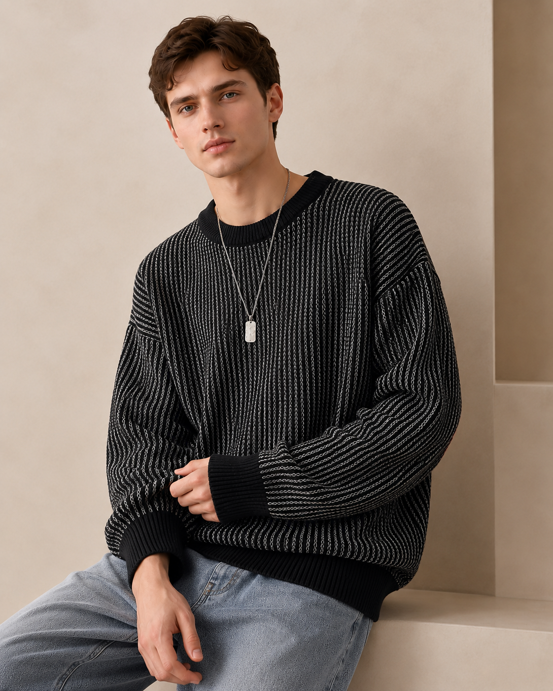 Collin Crew Neck Sweater with Ribbed Cuffs and Hem