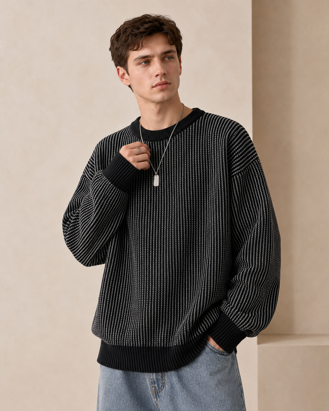 Collin Crew Neck Sweater with Ribbed Cuffs and Hem