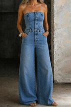 Rosalina | Chic Strapless Denim Jumpsuit with Flared Legs