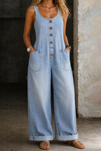 Briana Vintage Washed Cotton Denim Overalls with Adjustable Straps