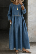 Zephyrele Vintage Denim Maxi Dress with Button Details