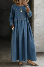 Zephyrele Vintage Denim Maxi Dress with Button Details