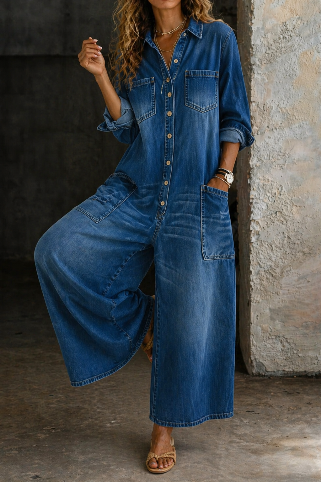 Eileen Casual Denim Utility Jumpsuit with Adjustable Straps
