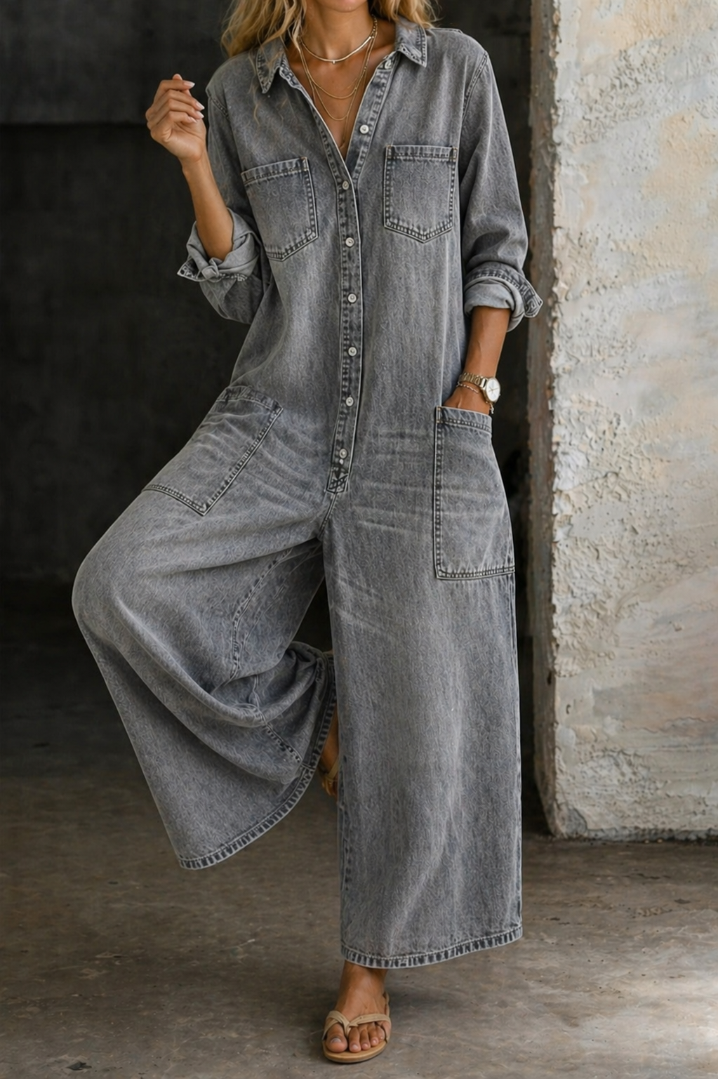 Eileen Casual Denim Utility Jumpsuit with Adjustable Straps