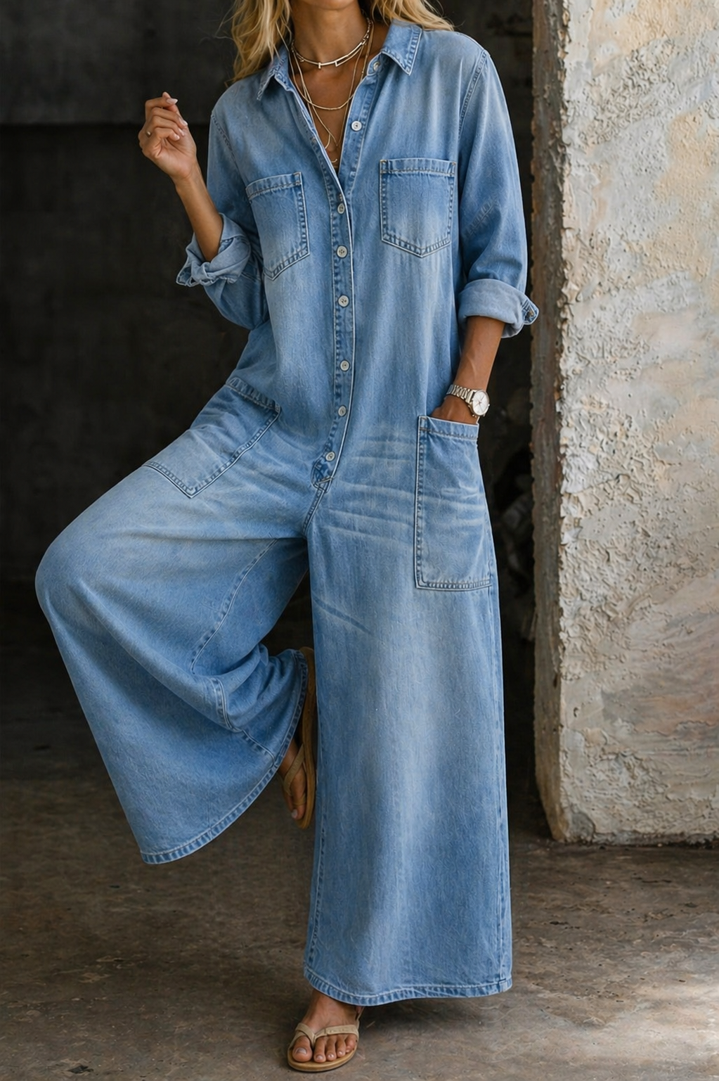Eileen Casual Denim Utility Jumpsuit with Adjustable Straps