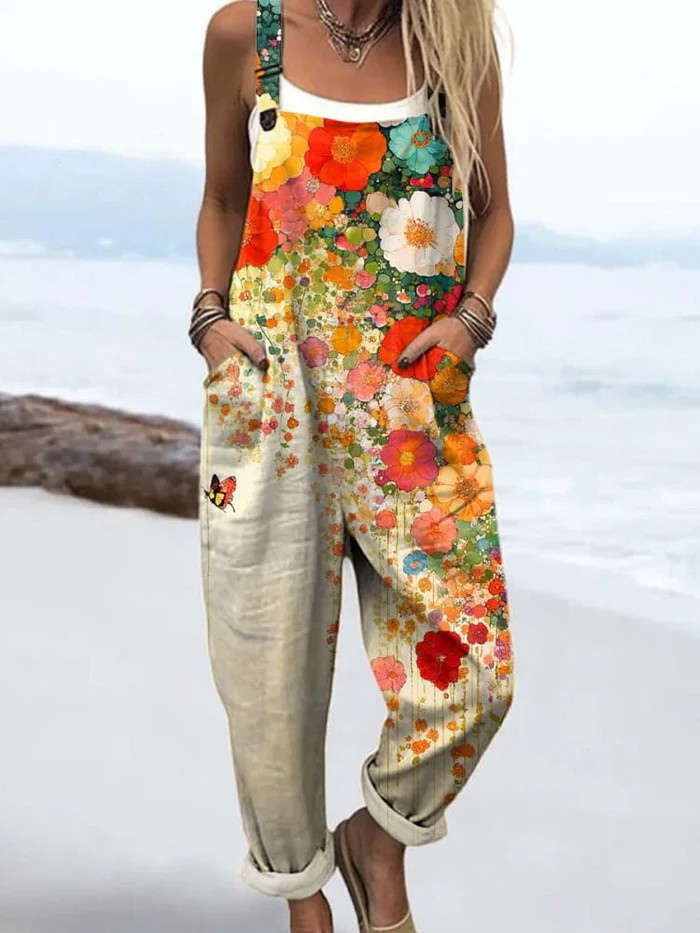 Floral Print Sleeveless Jumpsuit with Tie Waist