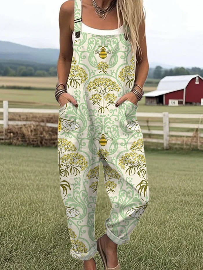 Honeybee Bloom Floral Print Jumpsuit with Adjustable Straps