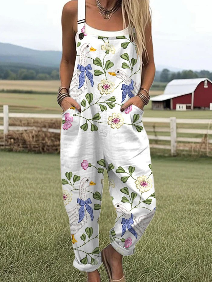 Goose Print Garden Jumpsuit with Adjustable Straps