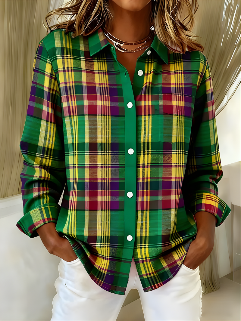 Elouise™ – Vibrant Green Checked Hoodie Blouse