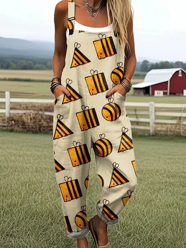 Honeybee Floral Print Jumpsuit with Adjustable Straps