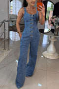 Cassandra Denim Jumpsuit with Button Front and Adjustable Straps