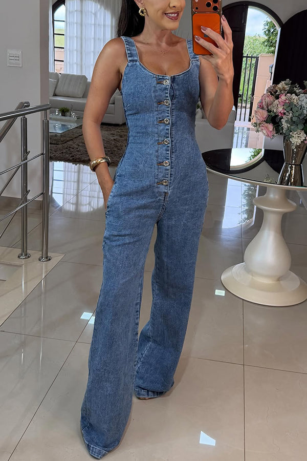 Cassandra Denim Jumpsuit with Button Front and Adjustable Straps