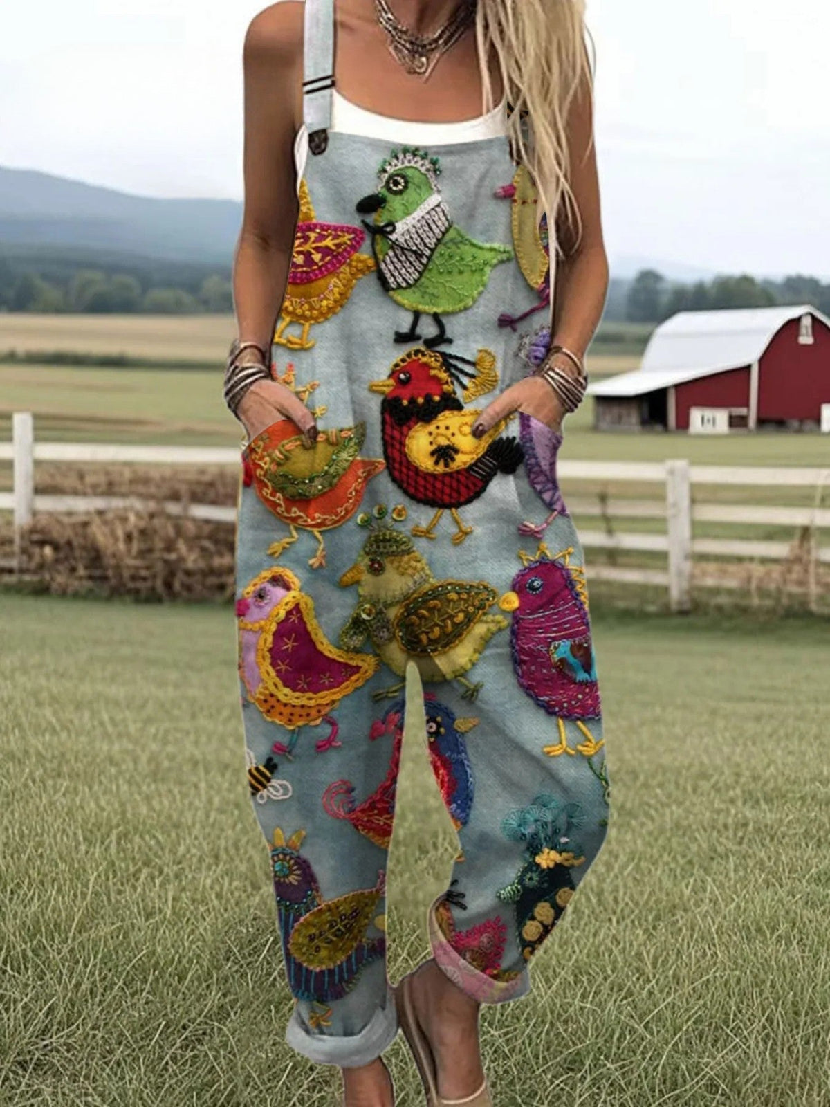 Colorful Vintage Bird Print Jumpsuit