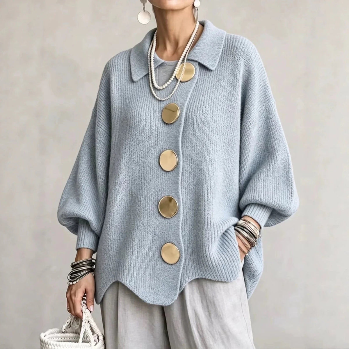 Katrina Oversized Button-Up Cardigan with Collared Neckline
