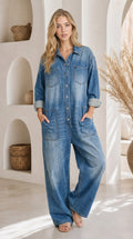 Relaxed Denim Jumpsuit with Adjustable Straps and Pockets