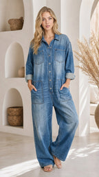 Relaxed Denim Jumpsuit with Adjustable Straps and Pockets