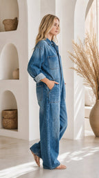 Relaxed Denim Jumpsuit with Adjustable Straps and Pockets