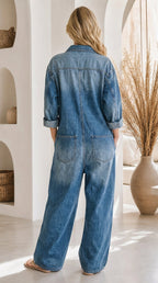 Relaxed Denim Jumpsuit with Adjustable Straps and Pockets