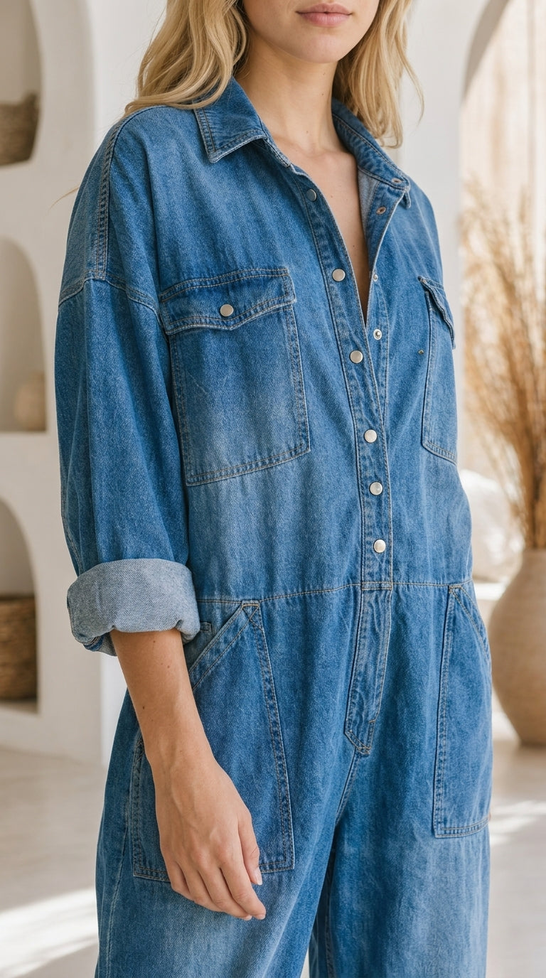 Relaxed Denim Jumpsuit with Adjustable Straps and Pockets