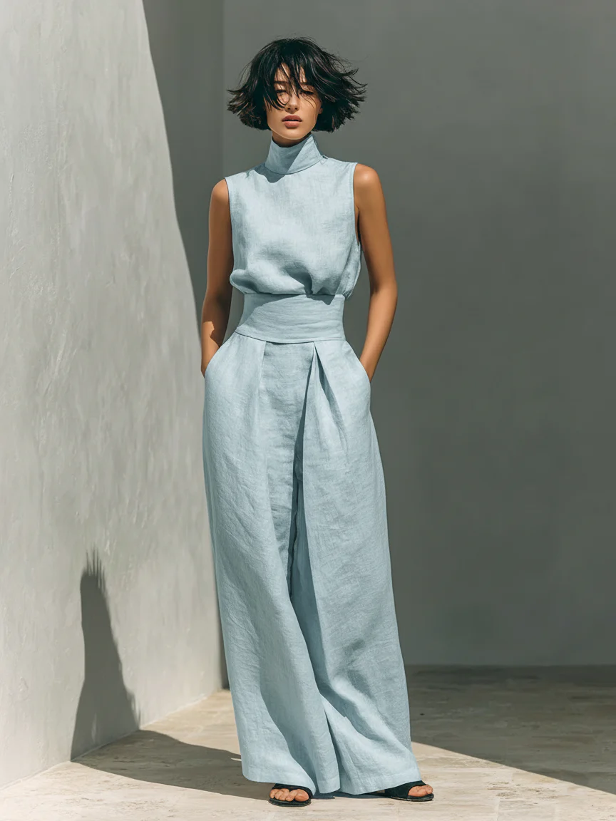 Evanna™ High-Neck Cotton Two-Piece Trouser Set