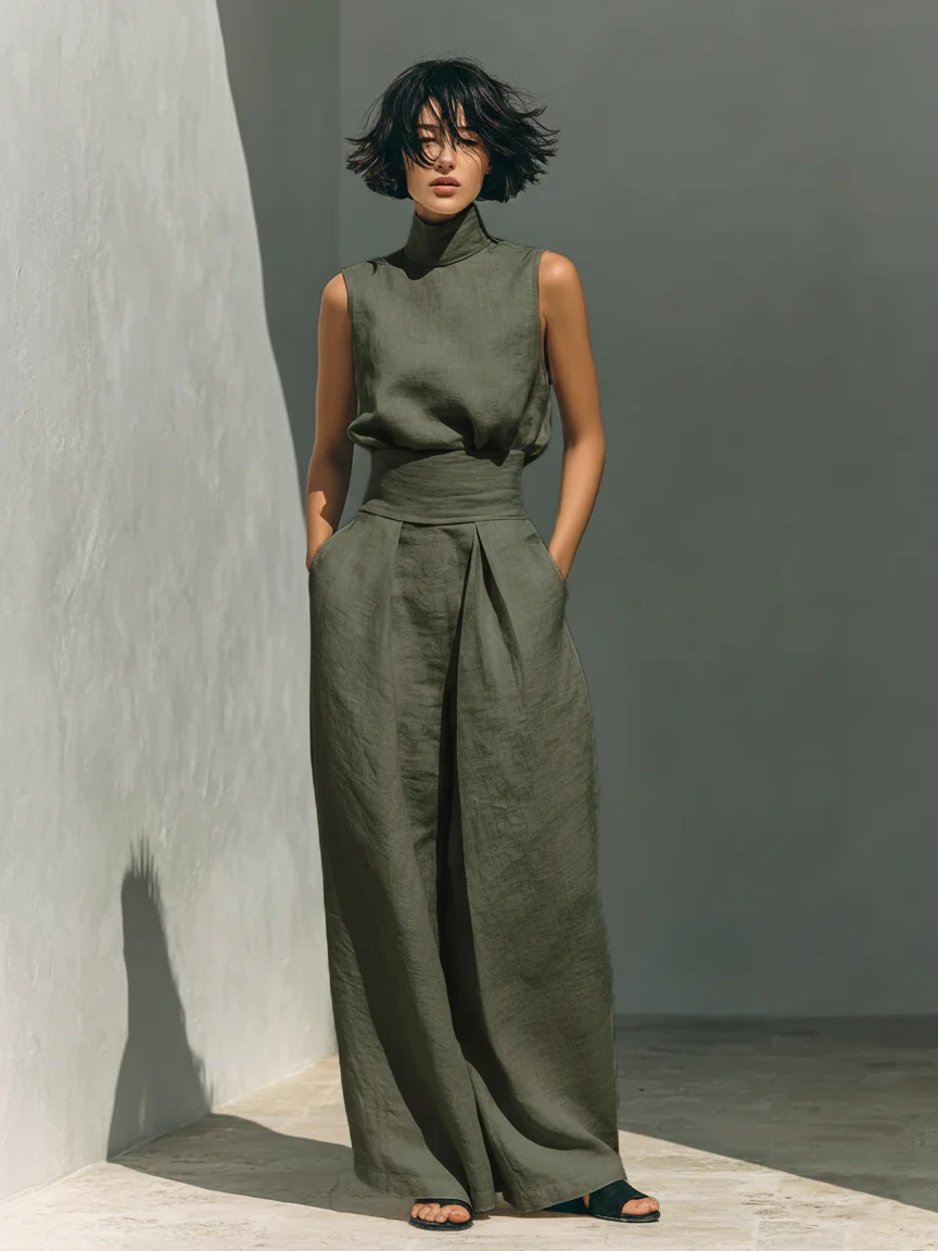 Evanna™ High-Neck Cotton Two-Piece Trouser Set