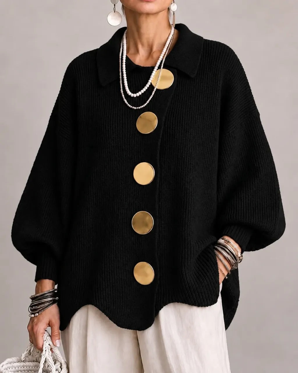 Katrina Oversized Button-Up Cardigan with Collared Neckline