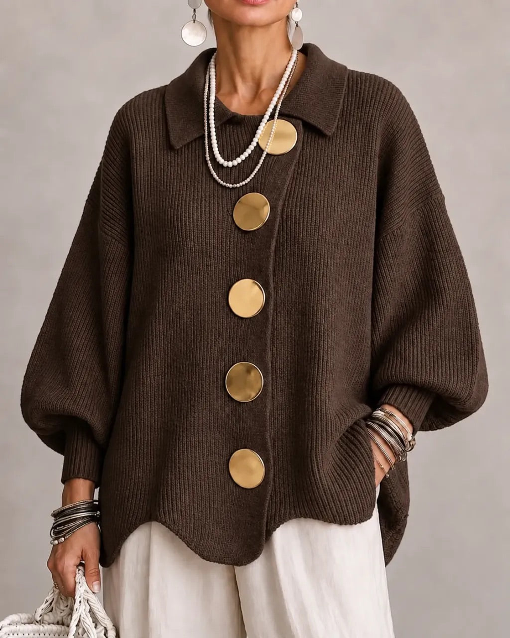 Katrina Oversized Button-Up Cardigan with Collared Neckline