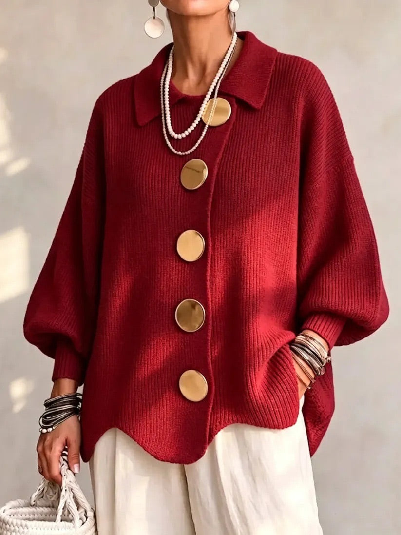 Katrina Oversized Button-Up Cardigan with Collared Neckline