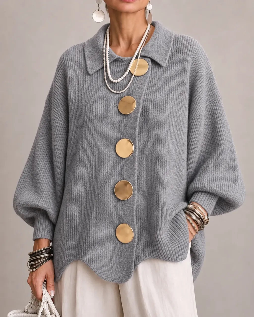 Katrina Oversized Button-Up Cardigan with Collared Neckline