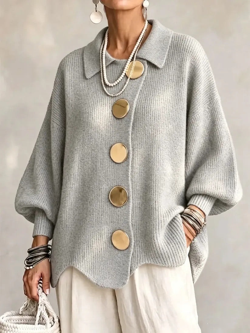 Katrina Oversized Button-Up Cardigan with Collared Neckline