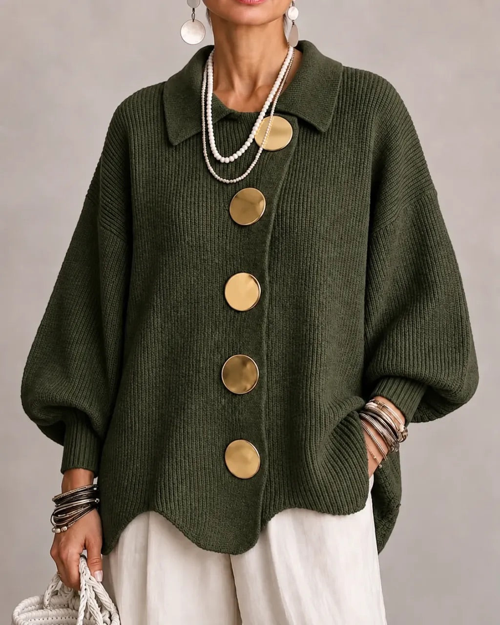 Katrina Oversized Button-Up Cardigan with Collared Neckline